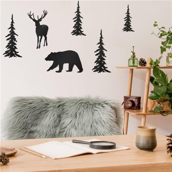 6-Piece Rustic Metal Wall Art Set - Deer, Bear, Pine Tree Forest Decor (Black) - Picture 6 of 8